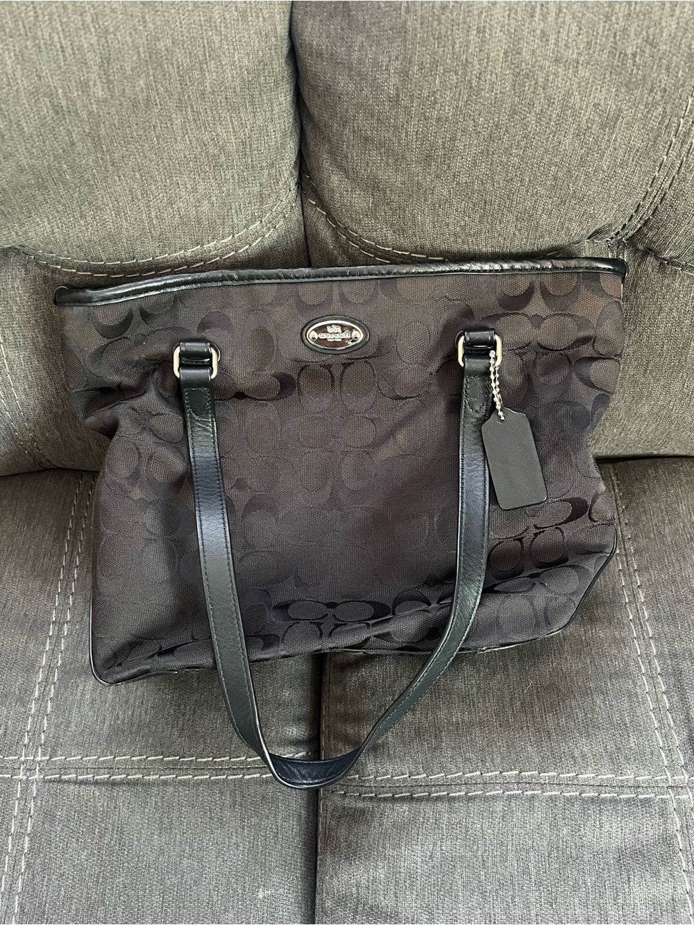 Coach Black Signature Canvas Tote with Leather Trim